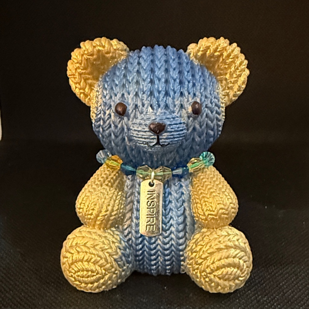 Unique Resin Blue and Yellow “Knit “Teddy Bear Sculpture